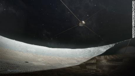 Ilustracja artysty przedstawia widok z wnętrza proponowanego teleskopu kraterowego patrząc na odbiornik.