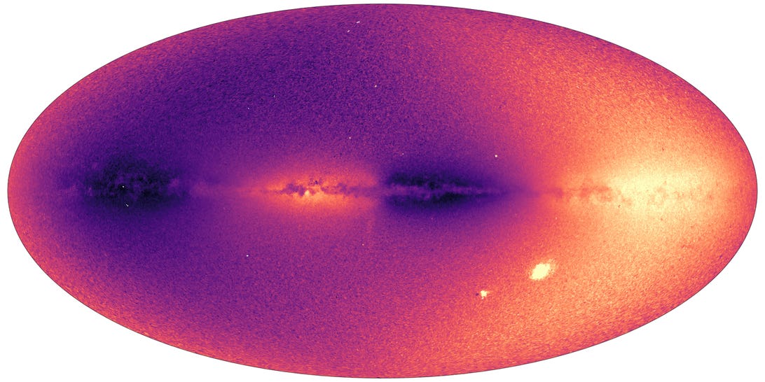 Mapa z jasnymi plamami przedstawiającymi galaktyki i kosmiczne chmury.