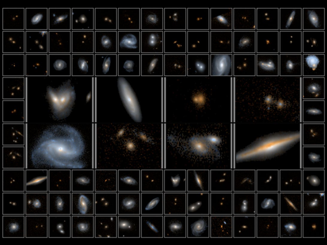 Mozaika fotograficzna przedstawiająca różne galaktyki