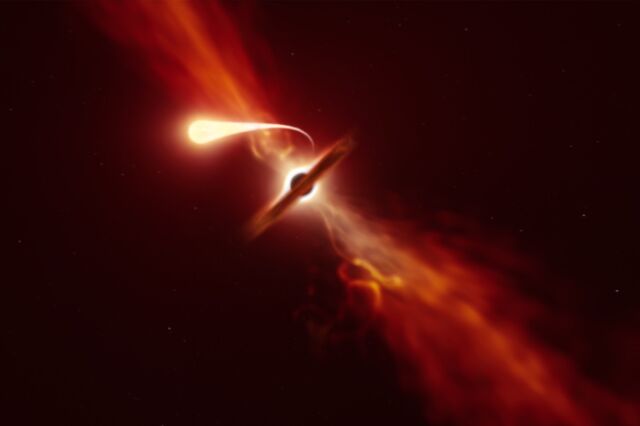 Wrażenie, jakie artysta przedstawia jako gwiazda, stopniowo zakłócane przez silne przyciąganie grawitacyjne supermasywnej czarnej dziury.