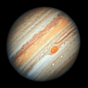 stripey planet with large red spot near center